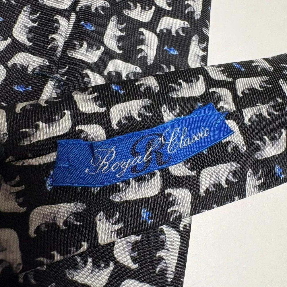 Royal Classic Silk Necktie Black Polar Bear Fish Pattern Animals Winter USA Made